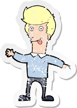 retro distressed sticker of a cartoon man sticking out tongue drawing png