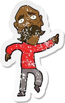 retro distressed sticker of a cartoon sad old man pointing png