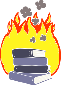 flat color illustration of stack of books burning png