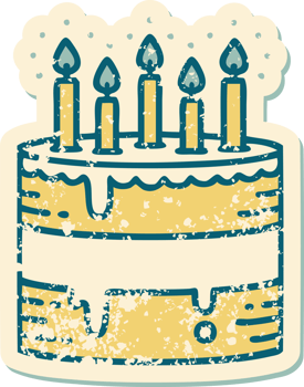 iconic distressed sticker tattoo style image of a birthday cake png