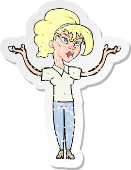 retro distressed sticker of a cartoon woman raising hands in air drawing png