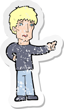 retro distressed sticker of a cartoon pointing man drawing png