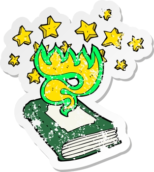 retro distressed sticker of a cartoon magical spell book png