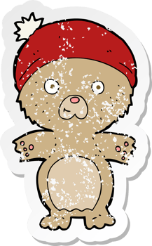 retro distressed sticker of a cartoon cute teddy bear in hat png