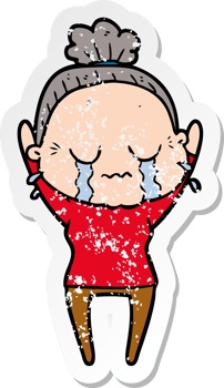 distressed sticker of a cartoon old woman crying png
