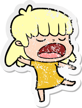 distressed sticker of a cartoon woman talking loudly png