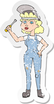 retro distressed sticker of a cartoon female mechanic png