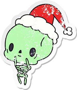 hand drawn christmas distressed sticker cartoon of kawaii skeleton png