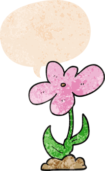 cartoon flower with speech bubble in grunge distressed retro textured style png