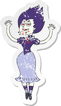 retro distressed sticker of a cartoon vampire girl with bloody mouth png