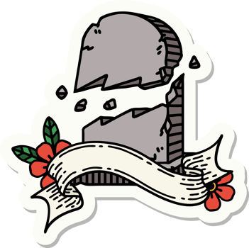 tattoo style sticker with banner of a broken grave stone png