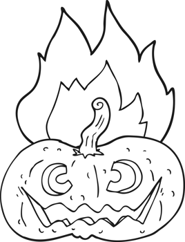 hand drawn black and white cartoon flaming halloween pumpkin png