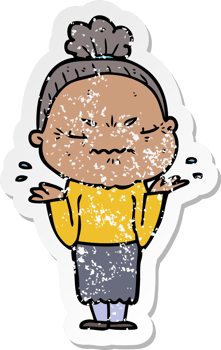 distressed sticker of a cartoon annoyed old lady png
