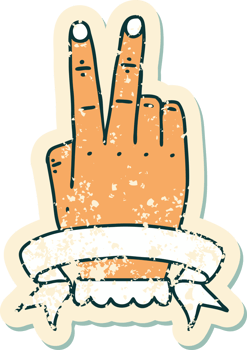 grunge sticker of a victory v hand gesture with banner png