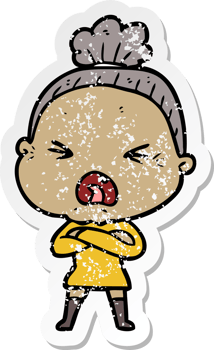 distressed sticker of a cartoon angry old woman png