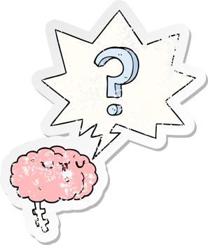 cartoon curious brain with speech bubble distressed distressed old sticker png