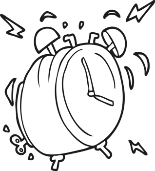 hand drawn black and white cartoon ringing alarm clock png