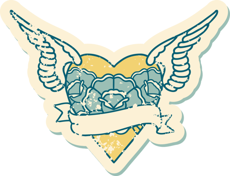 iconic distressed sticker tattoo style image of heart with wings flowers and banner png