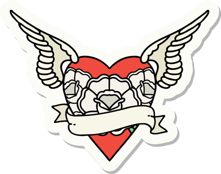 sticker of tattoo in traditional style of heart with wings flowers and banner png