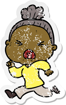 distressed sticker of a cartoon angry old woman png