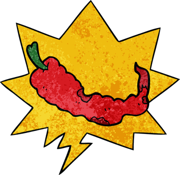 cartoon chili pepper with speech bubble in retro texture style png