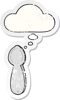 cartoon spoon with thought bubble as a distressed worn sticker png