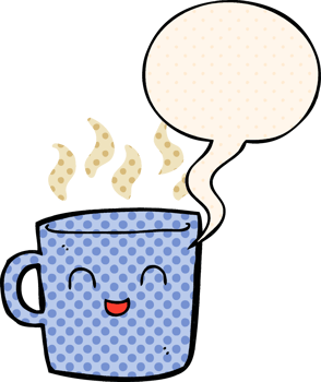 cute coffee cup cartoon with speech bubble in comic book style png