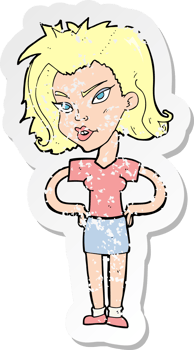 retro distressed sticker of a cartoon woman with hands on hips drawing png