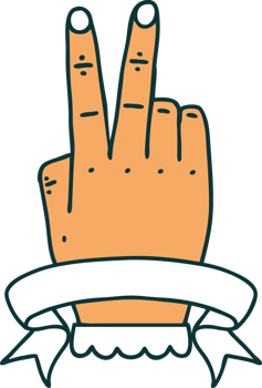 Retro Tattoo Style victory v hand gesture with banner png