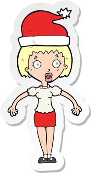 sticker of a cartoon woman wearing christmas hat shrugging shoulders png