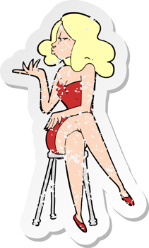 retro distressed sticker of a cartoon woman sitting on bar stool png