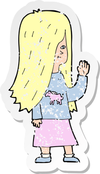 retro distressed sticker of a cartoon girl with pony shirt waving png
