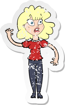 retro distressed sticker of a cartoon worried woman waving drawing png
