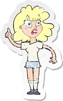 retro distressed sticker of a cartoon woman making point drawing png