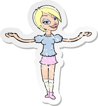 retro distressed sticker of a cartoon woman making open arm gesture drawing png