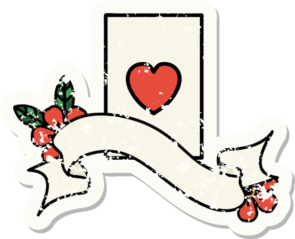 worn old sticker with banner of the ace of hearts png