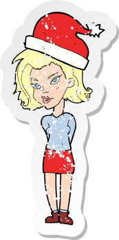 retro distressed sticker of a cartoon woman wearing christmas hat png