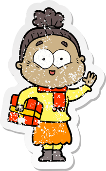 distressed sticker of a cartoon happy old woman png