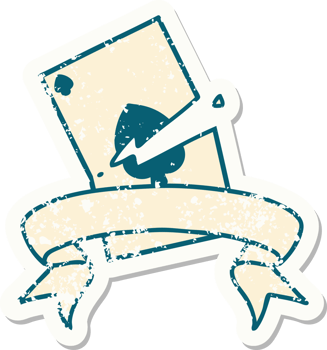 worn old sticker with banner of a torn card png