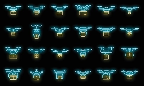 Air drone delivery service icons set vector neon