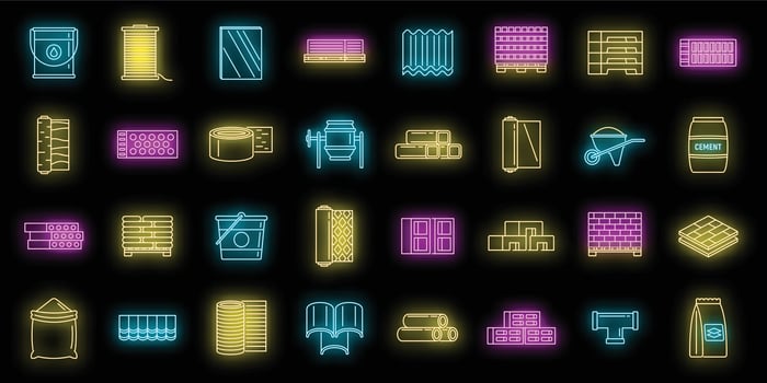 Modern construction materials icons set vector neon