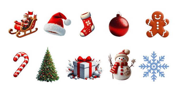 A popular set of Merry Christmas icons isolated on transparent backgrounds including bauble, Santa hat, gingerbread man, candy cane, stocking, Christmas tree, gift box, snowflakes, and sleigh png