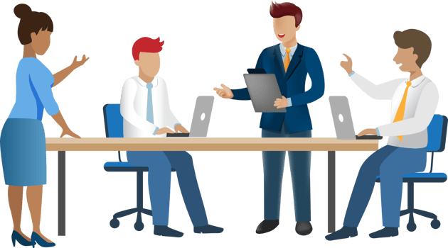 Businessmen team brainstorming and discussing at office meeting. Flat design character. png