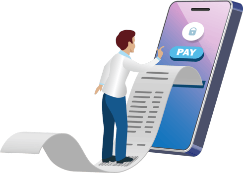 Businessman touch screen payment on smartphone with billing receipt. Financial technology. png