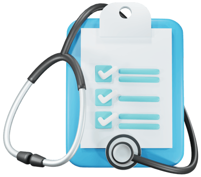 Medical check list board with health check up list and stethoscope wrapped around. 3D cartoon character. png