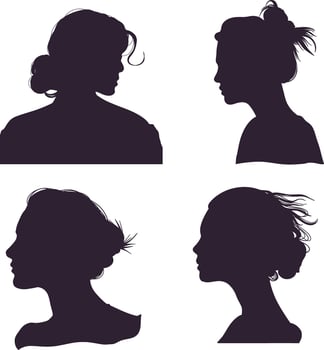 Woman Head Silhouette Set. With Flat Design. Isolated Black Vector Illustration.