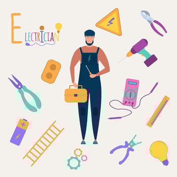 Colorful book alphabet. Book of professions. Profession Electrician. Letter E vector