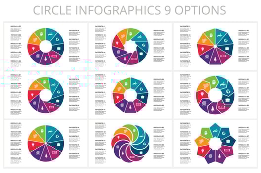 Set circle elements of graph, diagram with 9 steps, options, parts or processes. Template for infographic, presentation. vector