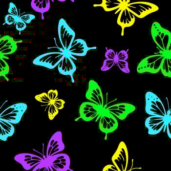 Butterfly silhouette seamless pattern magic black background design template. Colorful neon butterfly. Vector illustration