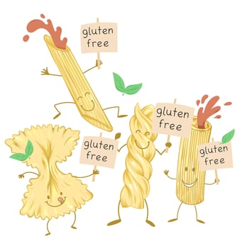Pasta food, Cute cartoon character with signboard cartel gluten free set. vector illustration